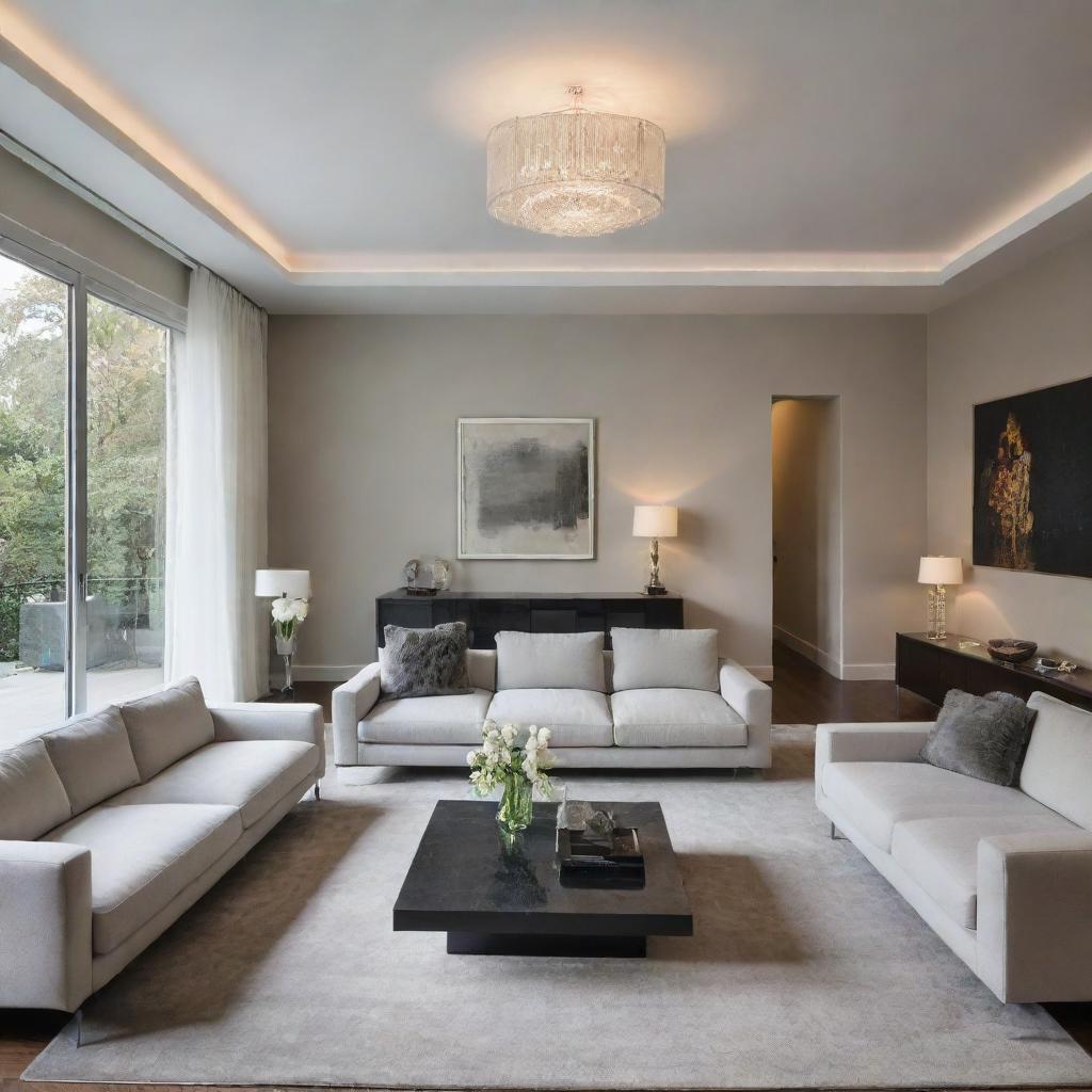 A meticulously designed modern drawing room with sleek furniture, contemporary artworks, polished floors, and a bright light fixture to radiate an inviting warmth.