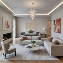 A meticulously designed modern drawing room with sleek furniture, contemporary artworks, polished floors, and a bright light fixture to radiate an inviting warmth.