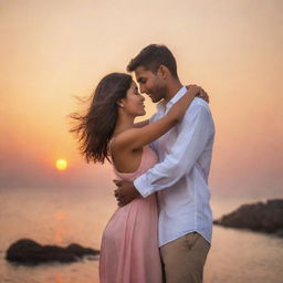 A romantic display picture showing a couple in love, embracing each other, with a soothing sunset background. Their clothes and style should visually harmonize, indicating their unity and understanding