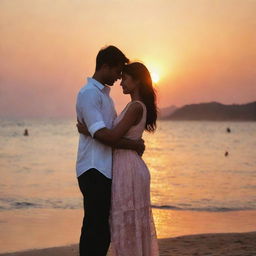 A romantic display picture showing a couple in love, embracing each other, with a soothing sunset background. Their clothes and style should visually harmonize, indicating their unity and understanding