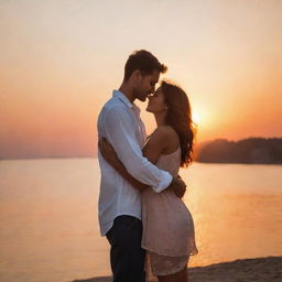 A romantic display picture showing a couple in love, embracing each other, with a soothing sunset background. Their clothes and style should visually harmonize, indicating their unity and understanding