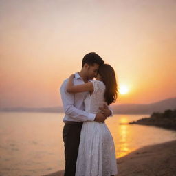 A romantic display picture showing a couple in love, embracing each other, with a soothing sunset background. Their clothes and style should visually harmonize, indicating their unity and understanding