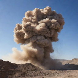 A detailed view of a mine explosion with dust clouds and debris flying into the sky, while maintaining safety measures.