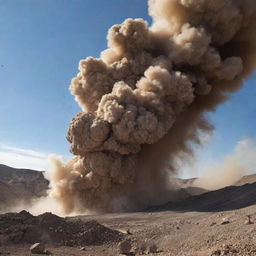 A detailed view of a mine explosion with dust clouds and debris flying into the sky, while maintaining safety measures.