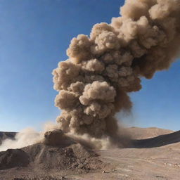 A detailed view of a mine explosion with dust clouds and debris flying into the sky, while maintaining safety measures.