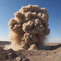 A detailed view of a mine explosion with dust clouds and debris flying into the sky, while maintaining safety measures.