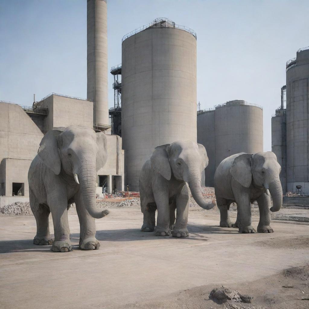 Three robotic elephants in the backdrop of a cement factory