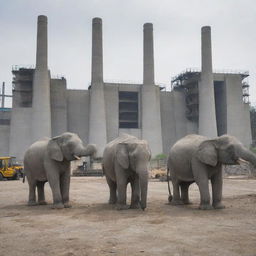 Three robotic elephants in the backdrop of a cement factory