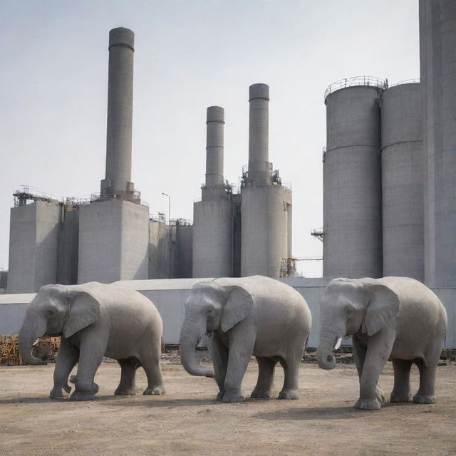 Three robotic elephants in the backdrop of a cement factory