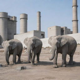 Three robotic elephants in the backdrop of a cement factory