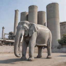 A robotic elephant standing in front of a cement factory