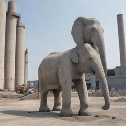 A robotic elephant standing in front of a cement factory