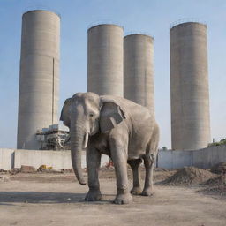 A robotic elephant standing in front of a cement factory