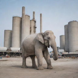 A robotic elephant standing in front of a cement factory