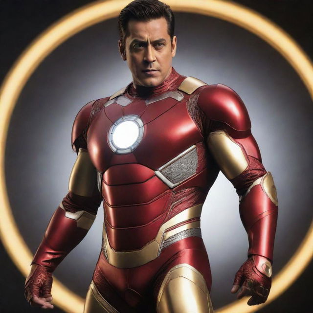 Salman Khan dressed in the Iron Man costume, confidently posturing in a heroic stance with the iconic glowing arc reactor on his chest, wearing the red and gold metallic suit.