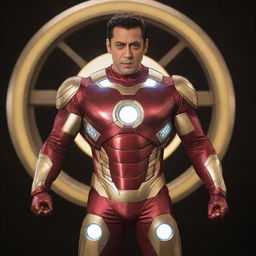 Salman Khan dressed in the Iron Man costume, confidently posturing in a heroic stance with the iconic glowing arc reactor on his chest, wearing the red and gold metallic suit.