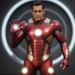 Salman Khan dressed in the Iron Man costume, confidently posturing in a heroic stance with the iconic glowing arc reactor on his chest, wearing the red and gold metallic suit.