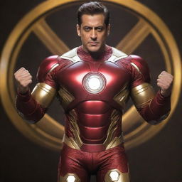 Salman Khan dressed in the Iron Man costume, confidently posturing in a heroic stance with the iconic glowing arc reactor on his chest, wearing the red and gold metallic suit.