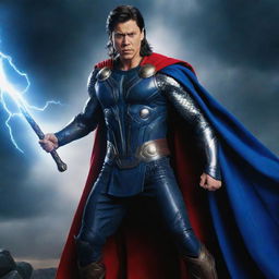 Sharukh Khan in the role of Thor, holding Mjolnir powerfully, his attire a royal blue cape and armor, giving an intense look, lightning illuminating the scene behind.