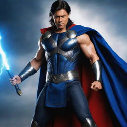 Sharukh Khan in the role of Thor, holding Mjolnir powerfully, his attire a royal blue cape and armor, giving an intense look, lightning illuminating the scene behind.