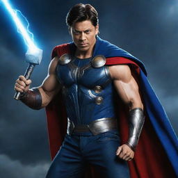 Sharukh Khan in the role of Thor, holding Mjolnir powerfully, his attire a royal blue cape and armor, giving an intense look, lightning illuminating the scene behind.