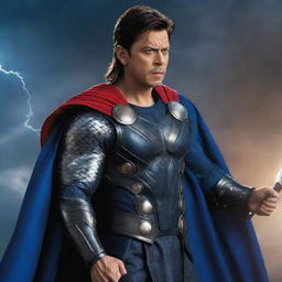 Sharukh Khan in the role of Thor, holding Mjolnir powerfully, his attire a royal blue cape and armor, giving an intense look, lightning illuminating the scene behind.