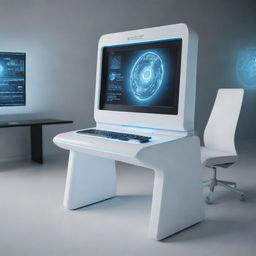 A futuristic computer from the year 2090, featuring advanced holographic displays, artificial intelligence interface, sleek design with touch and gesture-based control system, floating in an ultra-modern workspace.