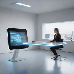 A futuristic computer from the year 2090, featuring advanced holographic displays, artificial intelligence interface, sleek design with touch and gesture-based control system, floating in an ultra-modern workspace.