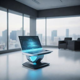 A futuristic computer from the year 2090, featuring advanced holographic displays, artificial intelligence interface, sleek design with touch and gesture-based control system, floating in an ultra-modern workspace.