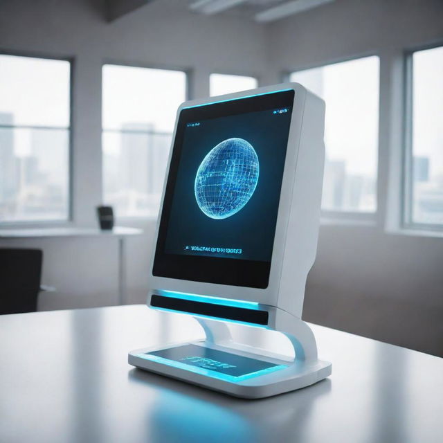 A futuristic computer from the year 2090, featuring advanced holographic displays, artificial intelligence interface, sleek design with touch and gesture-based control system, floating in an ultra-modern workspace.