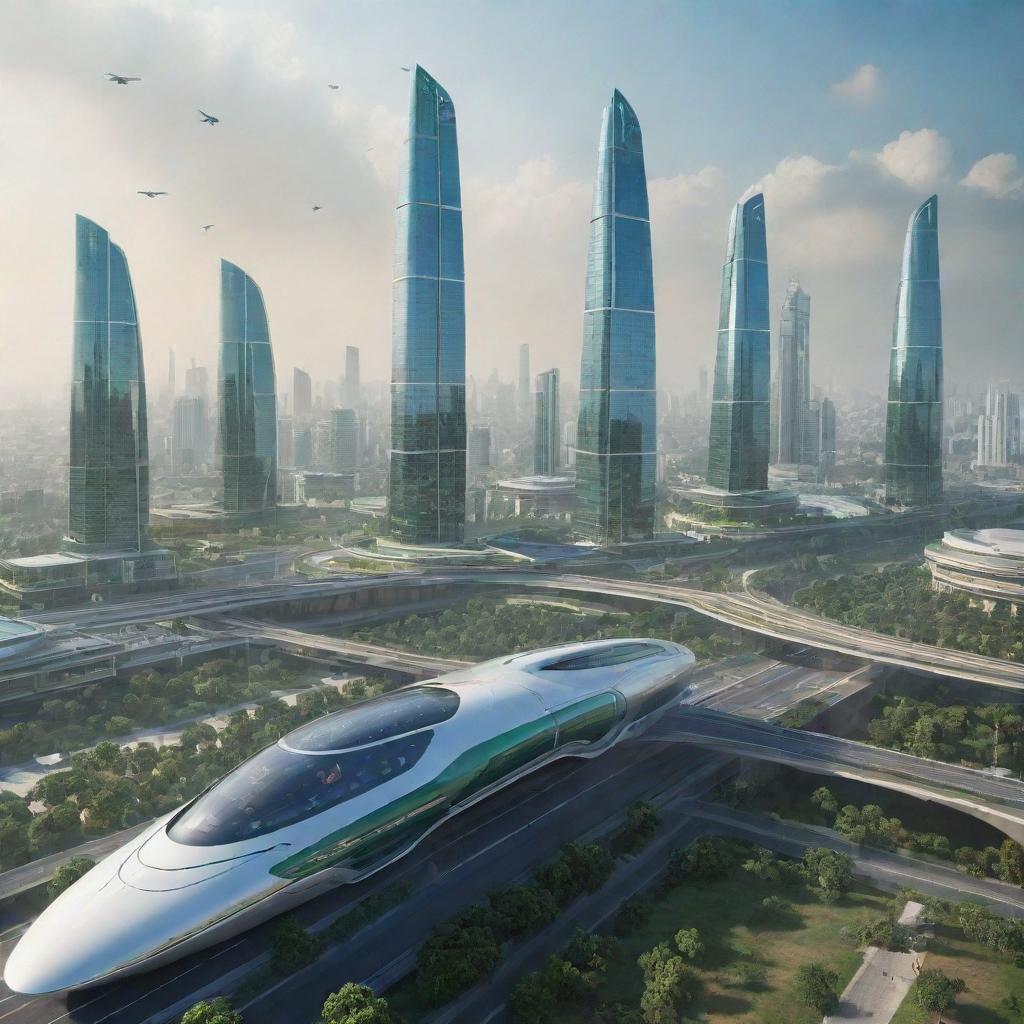 A futuristic portrayal of India in 2050, showcasing a harmonious blend of heritage architecture coexisting with glittering skyscrapers, flying cars, and high-speed maglev trains atop green, solar-powered cities.