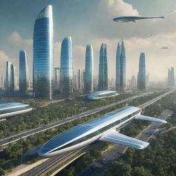 A futuristic portrayal of India in 2050, showcasing a harmonious blend of heritage architecture coexisting with glittering skyscrapers, flying cars, and high-speed maglev trains atop green, solar-powered cities.