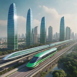 A futuristic portrayal of India in 2050, showcasing a harmonious blend of heritage architecture coexisting with glittering skyscrapers, flying cars, and high-speed maglev trains atop green, solar-powered cities.