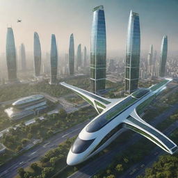 A futuristic portrayal of India in 2050, showcasing a harmonious blend of heritage architecture coexisting with glittering skyscrapers, flying cars, and high-speed maglev trains atop green, solar-powered cities.