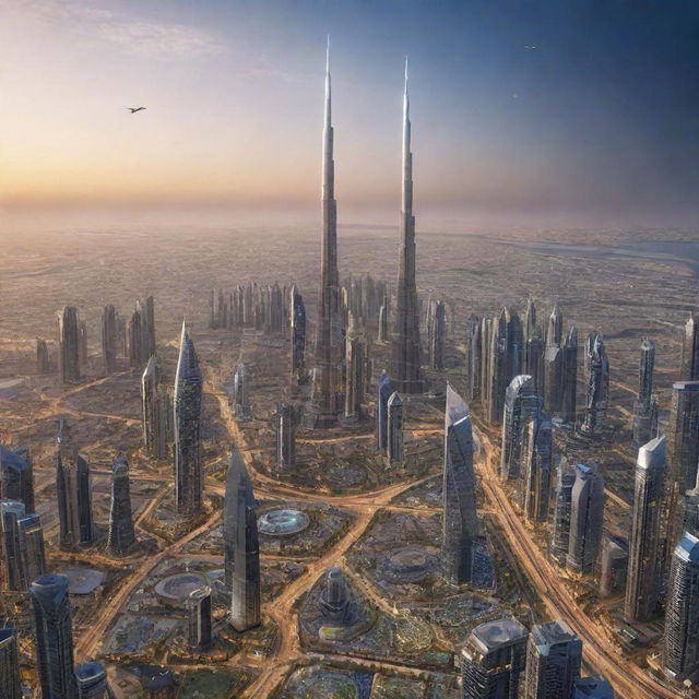 A futuristic visualization of Dubai in 2050, featuring towering skyscrapers shimmering with high-tech displays, advanced flying vehicles dotting the sky, and cutting-edge sustainable technology embedded in the cityscape.