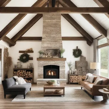 The rustic farmhouse had a beautiful barn with a dramatic barnburner design, featuring a large central fireplace and exposed wooden beams.