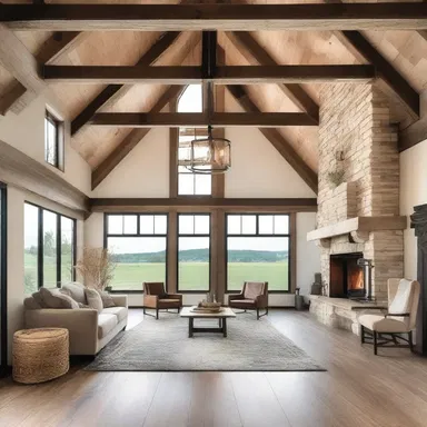 The rustic farmhouse had a beautiful barn with a dramatic barnburner design, featuring a large central fireplace and exposed wooden beams.