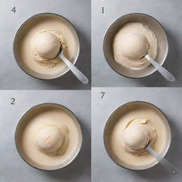 An infographic explaining the process of making rolled ice cream, showing different stages from pouring the cream onto the freeze pan to rolling it with scrapers. Include ingredients and utensils.