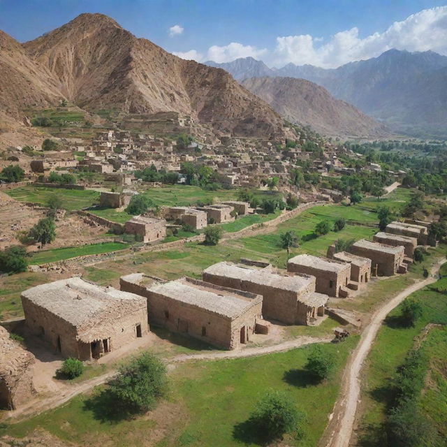 Traditional Pakistani village with stone and mud houses, surrounded by lush green fields under a blue sky