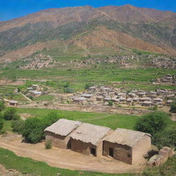 Traditional Pakistani village with stone and mud houses, surrounded by lush green fields under a blue sky