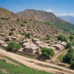 Traditional Pakistani village with stone and mud houses, surrounded by lush green fields under a blue sky