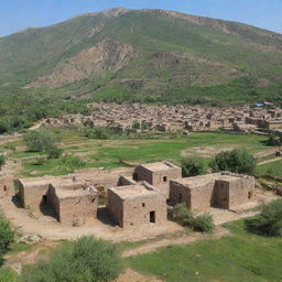 Traditional Pakistani village with stone and mud houses, surrounded by lush green fields under a blue sky