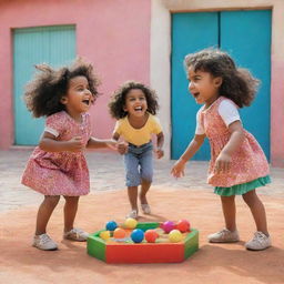 Three playful children in a vibrant setting. Two girls, named 'Umaima' and 'Noora', and one boy, named 'Feras'. All are engaged in a joyful, friendly game.