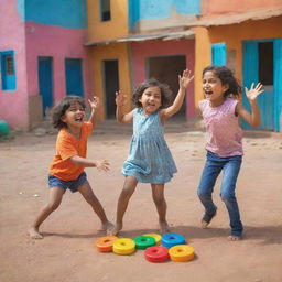 Three playful children in a vibrant setting. Two girls, named 'Umaima' and 'Noora', and one boy, named 'Feras'. All are engaged in a joyful, friendly game.