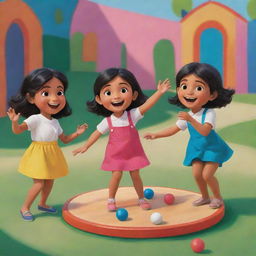 Three playful children in a vibrant setting. Two girls, named 'Umaima' and 'Noora', and one boy, named 'Feras'. All are engaged in a joyful, friendly game.