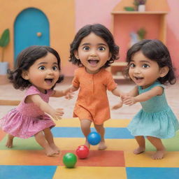 Three playful children in a vibrant setting. Two girls, named 'Umaima' and 'Noora', and one boy, named 'Feras'. All are engaged in a joyful, friendly game.