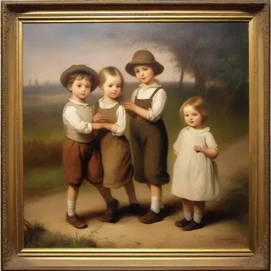 The artist beautifully depicted a winsome scene of children playing in a naive and charming manner.