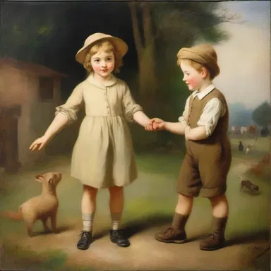 The artist beautifully depicted a winsome scene of children playing in a naive and charming manner.