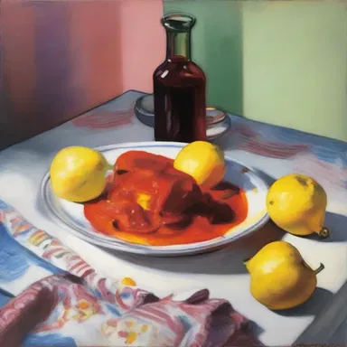 The still-life painting captured the vibrant colors and textures of a plate of sauce espagnole, enticing viewers with its visual appeal.