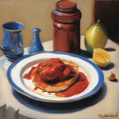 The still-life painting captured the vibrant colors and textures of a plate of sauce espagnole, enticing viewers with its visual appeal.